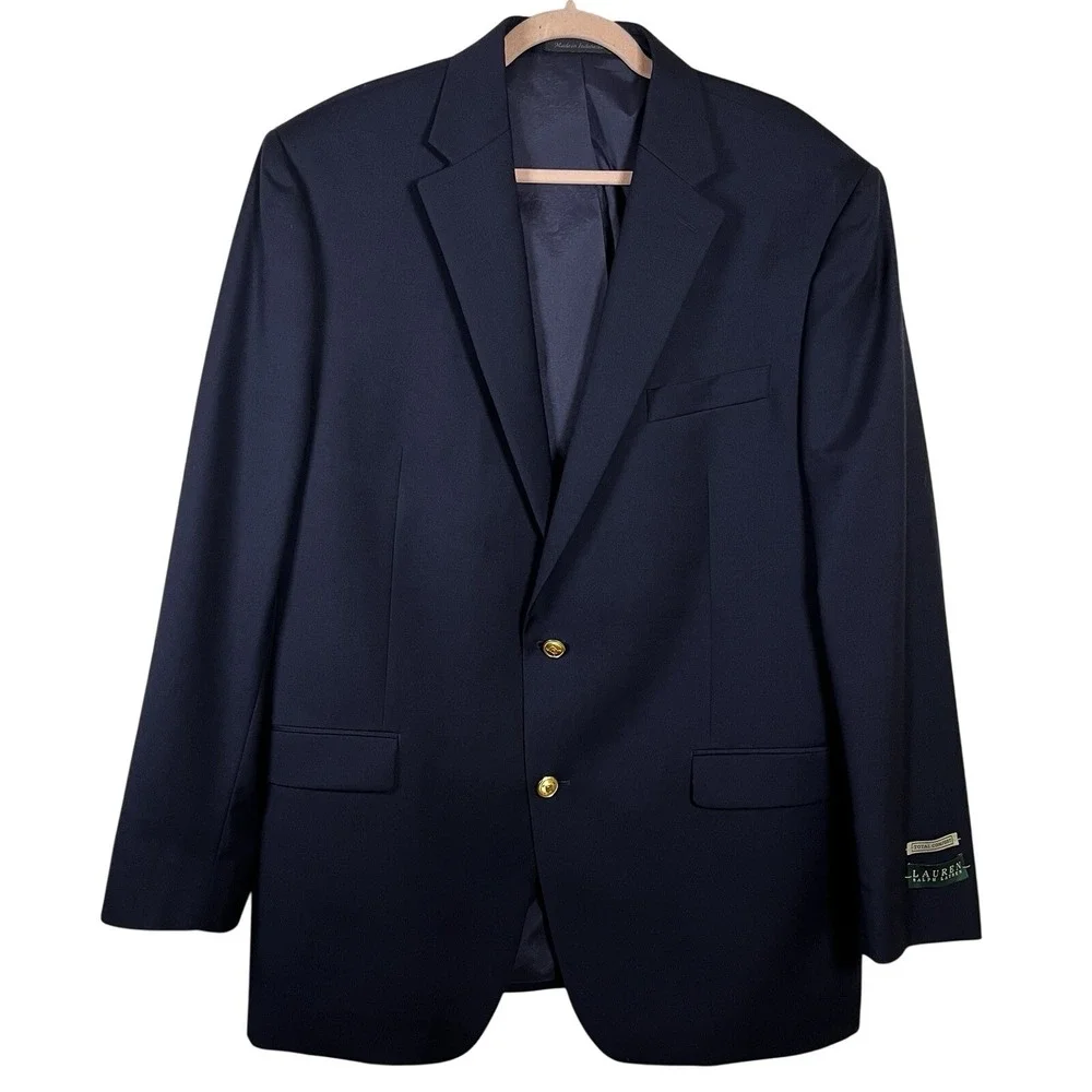 Lauren Ralph Lauren Navy‎ Blue Total Comfort Blazer 43L Gold Buttons Sport Coat